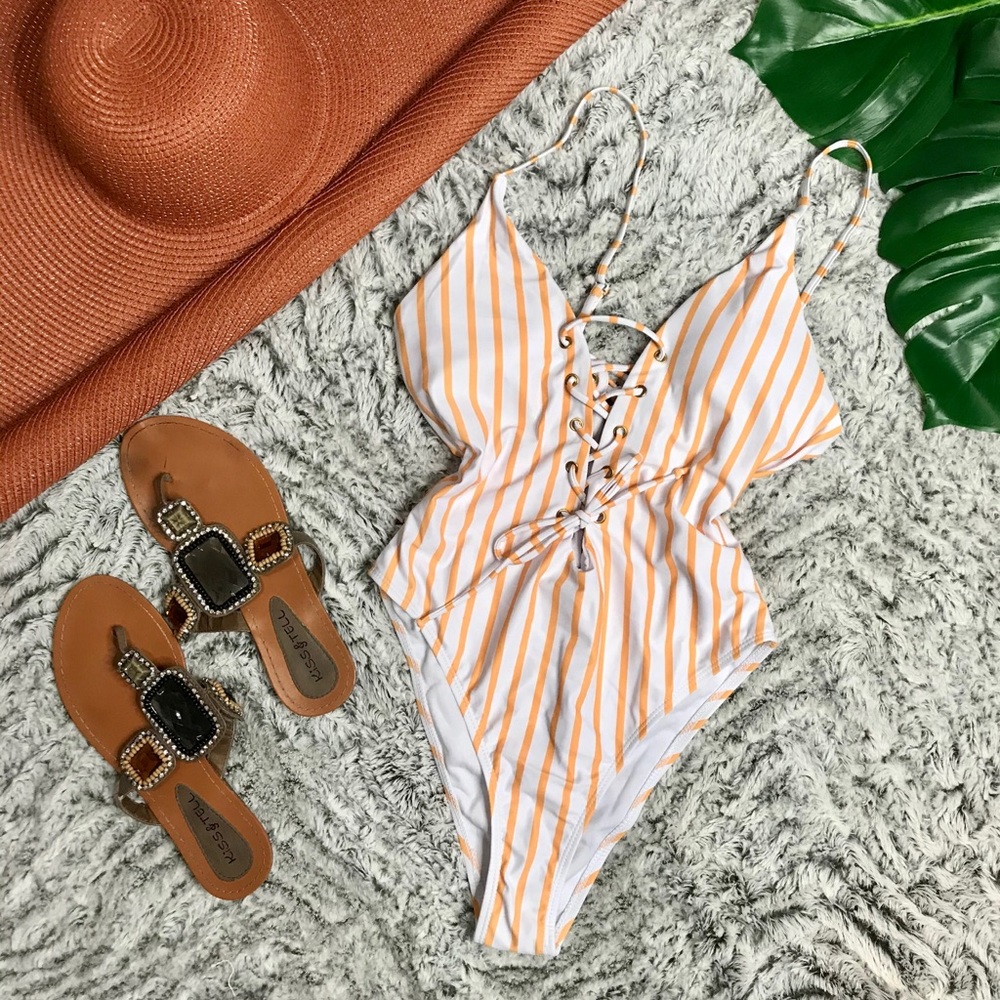 Front Tie One Piece White w/ Gold Stripe Swimsuit - Picture 2 of 6